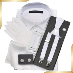 【新品】 ウイングカラーシャツ 立ち襟 フォーマル小物 6点セット シングルカフス 新郎 父 モーニング タキシード 結婚式 披露宴 卒業式 始業式 チーフ（ホワイトプレーン） カフスボタン白 サスペンダー白 アームバンド白 首45cm ゆき丈90cm 0