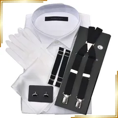 【新品】 ウイングカラーシャツ 立ち襟 フォーマル小物 6点セット シングルカフス 新郎 父 モーニング タキシード 結婚式 披露宴 卒業式 始業式 チーフ（ホワイトプレーン） カフスボタン黒 サスペンダー黒 アームバンド黒 首43cm ゆき丈82cm 0