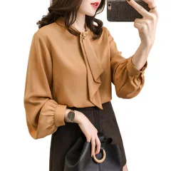 JFashion 胸元ボウタイブラウス レディーストップスシャツ ゆったり オフィス 無地 春夏 通勤 大きいサイズ (XXXL, イエロー)