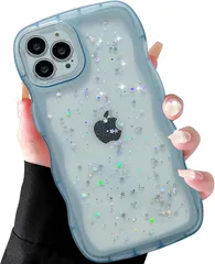 QLTYPRI iPhone 14 用 ケース クリア TPU カバー ウェーブ おしゃれ 韓国 可愛い グリッター 透明 軽量 耐衝撃 滑り止め スマホケース ワイヤレス充電対応 ストラップホール付き アイフォン14 用 ケース 6.1インチ 対応 - ブル