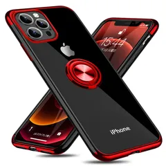 QOUNVYW 対応 iPhone 13 Pro Max 用 ケース リング付き クリア 耐衝撃 スタンド機能 透明 TPU 車載ホルダー対応 落下防止 防塵 薄型 軽量 一体型 変形防止 保護カバー アイフォン 13 プロ マックス 用 ケース 赤 W-YX