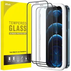 JETech iPhone 12/12 Pro (6.1インチ用) 全面保護フィルム 強化ガラスフィルム 黒縁 ガイド枠付き ケースに干渉なし HDクリア 3枚セット