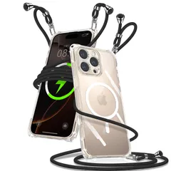 Muciyazi ケース 用の iPhone 16 Pro Max クリア ショルダー マグセーフ対応 アイフォン16 Pro Max カバー 肩掛け 斜めかけ 縄掛けケース 透明 TPU 携帯ケース 紐付き 織りストラップ付き 長さ調整可能 取り外し可能 落
