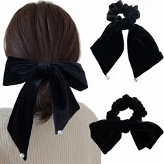 2個セット ベロア リボン シュシュ，BetterJonny ベロア リボン 黒 髪飾り シュシュ 大人 パール ベロア ヘアアクセ バレッタ リボン 蝶々結び 黒 生地 少女 髪飾り