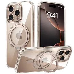 iPhone 16 Pro 用 ケース Magsafe対応 360°回転スタンド アイフォン16プロ カバー リング マグネット搭載 ワイヤレス充電 縦横多角度 対応 Uovon アイホン 16pro スマホケース 車載ホルダー ストラップ穴付き 透明 黄 0