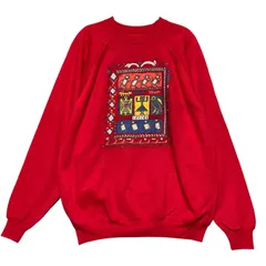 USA製 80s Hanes ヘインズ スウェット XL 赤 ネイティブ柄 アート ラグラン ヴィンテージ ゆるだぼ オーバーサイズ ビンテージ トレーナー 古着 希少 80年代 アメリカ製 メンズ レディース 派手 クルーネック / IA406