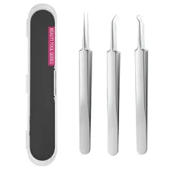 角栓ピンセット 角栓取り ピンセット 精密ピンセット 毛抜きニキビ取り 黒ずみ いちご鼻ケア 毛穴ケア専用3本ツール 携帯便利 収納ケース付 (3本セット)