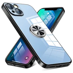 iPhone 13 用 ケース リング付き クリア 耐衝撃 スタンド機能 透明 TPU 車載ホルダー対応 落下防止 防塵 薄型 軽量 一体型 変形防止 全面保護カバー アイフォン 13 用 ケース 黒 W-YXZH-033-01-CP