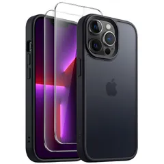 JETech 3 in 1 iPhone 13 Pro 6.1 インチ用 マットケース 2枚強化ガラスフィルム付き 半透明 つや消し 耐衝撃スマホカバー (ブラック)