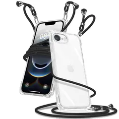 Muciyazi 用の iPhone 16e/17e ケース クリア ショルダー アイフォン16e/17e カバー 肩掛け 斜めかけ 縄掛けケース 透明 薄型 軽量 TPU 携帯ケース 紐付き 斜めがけ 織りストラップ付き 長さ調整可能 取り外し可能 落下防止のサムネイル