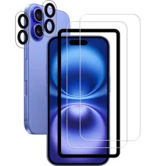 HKKAIS ガラスフィルム iphone16 用 保護フィルム 日本旭硝子製素材 アイフォン 16 カメラフィルム 高い透過率 硬度9H 貼り付け簡単 強化ガラス フィルム カメラ保護【2+2枚セット 】ガイド枠付き