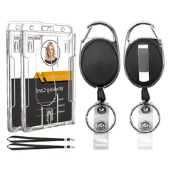 IDカードホルダー2個セット 格納式バッジリールホルダー 親指スロット付き ハード透明名札クリップ ブラック ネック ストラップ社員証 名札ケース オフィス、学校、展示会、運転免許証、クレジットカード、パスに最適（垂直）