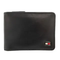 トミーヒルフィガー TOMMY HILFIGER 二つ折りレザーカードケース パスケース ラウンドファスナー ロゴ 黒 ブラック /GV ■GY18