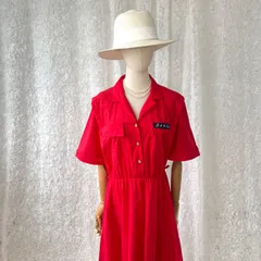 ヴィンテージワンピース 赤 半袖 開襟シャツワンピース フレア ウエストゴム レトロ 上品 大人可愛い