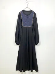 Bab バブ 配色パイピング 長袖 フレア マキシ丈 フロント刺繍 ワンピース sizeM/黒 ■■ レディース