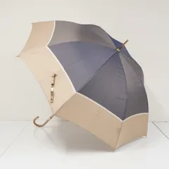 傘 LANVIN COLLECTION ランバンコレクション USED美品 カラーボーダー ネイビーブルー ベージュ グラス骨 レザー手元 58cm S3713