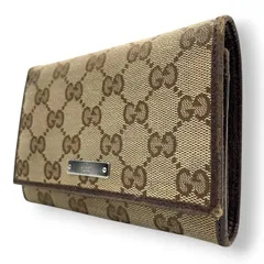 グッチ GUCCI 二つ折り財布 コンパクトウォレット GGキャンバス レザー ベージュ ダークブラウン 茶色 ロゴプレート シルバー金具 ホック開閉 イタリア製 レディース メンズ ユニセックス 男女兼用 カジュアル 小物 w5