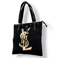 美品 イヴ・サンローラン Yves Saint Laurent YSL トートバッグ ハンドバッグ 肩掛け ワンショルダー キャンバス レザー ブラック 黒 ゴールド金具 ビッグロゴ デカロゴ クラシック エレガント ヴィンテージ ビンテージ 希少 s15