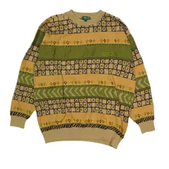良品 KENZO GOLF ケンゾー ゴルフ ヴィンテージ 長袖 ニットセーター クルーネック 幾何学模様 総柄 トップス 5 マルチカラー メンズ 古着 中古 USED