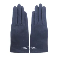 未使用 FURLA フルラ タッチパネル対応 ウールカシミヤ ニット グローブ 五本指 手袋 ロゴ刺繍 21cm-22cm 紺 ネイビー レディース 古着 中古 USED
