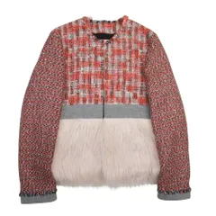 美品 MSGM エムエスジーエム ツイード フェイクファー コンビ ノーカラージャケット ブルゾン カラーレス 38 赤 ピンク レディース 古着 中古 USEDのサムネイル
