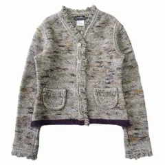 美品 CHANEL シャネル 99A ノーカラー ニット ジャケット ブルゾン カーディガン フリンジ ヴィンテージ サイズ42 グレーブラウン系 レディース 古着 中古 USEDのサムネイル