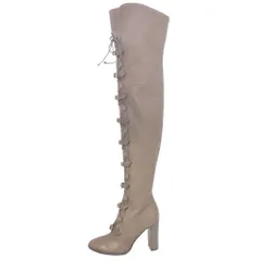 未使用 JIMMY CHOO ジミーチュウ Maloy 95 レースアップ ニーハイブーツ アーモンドトゥ レザー ロングブーツ 34.5/21.5 グレージュ レディース 古着 中古 USED