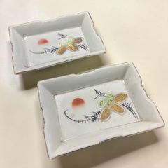 八角皿 2枚セット 骨董 陶磁器 花鳥図案古伊万里風 金彩色絵 菱形変形