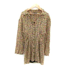 ザラ ZARA シャツワンピース ミニ丈 長袖 スキッパーカラー 花柄 マルチカラー M 黒 ブラック /SY5