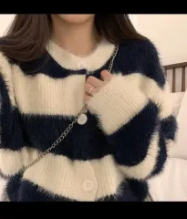 アンゴラ ボーダー柄 クロップドカーディガン