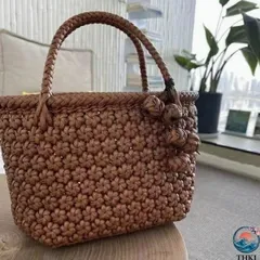 【送料無料】手作りPE山葡萄トウ かごバッグ 浴衣バッグ 中 横長 六角花編み 浴衣 かごバッグ