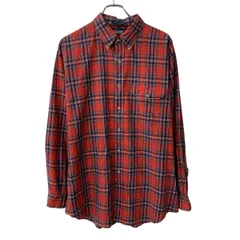 90s 香港製 LANDS' END 長袖 チェックシャツ XL レッド マルチカラー ランズエンド ボタンダウン チェック柄 90年代 春物 a804-5457