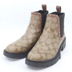 IT6N9S63TKKG 美品 COACH コーチ CM671 リード ブーティ シグネチャー キャンバス ブーツ ショートブーツ サイドゴア ブラウン フラットシューズ 約24cmのサムネイル