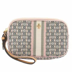 トリーバーチ TORY BURCH ジェミニリンク リストレットポーチ ミニクラッチ PVC レザー チェーン ストライプ ロゴ 総柄 ピンク 白 ホワイト /XZ ■GY11