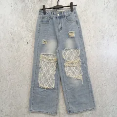 GORGE ゴージ デニムパンツ ワイドパンツ ダメージ レース クラッシュ加工 甘辛 ブルー Mサイズ ◎、〇□☆のサムネイル