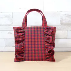 フリル付き 赤チェック 赤 タータンチェック マチあり ミニトートバッグ ランチバッグ　サブバッグ　ミニバッグ ハンドメイド