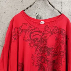 【USED】US 古着 GILDAN ギルダン スカル×ボタニカル 総柄 Tシャツ レッド US古着 半袖 メンズ USA古着 ドクロ ロック ストリート オーバーサイズ ビッグシルエット ロックT パンク アメカジ ヴィンテージ風 古着男子 スカル 古着女子
