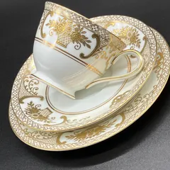 オールドノリタケ ・ 金盛上 花籠装飾図紋 キャビネット トリオ マルキ印 里帰り カップ＆ソーサー / プレート ( POP_2055 / INP_G08 ) )