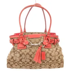 コーチ COACH F13068 キャリーオール シグネチャー ハンドバッグ トート 肩掛け タッセル ロゴ キャンバス レザー 茶 ブラウン 赤 レッド系 /GV ■GY18