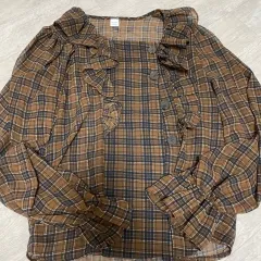 ブラウン 長袖 CHECK フリル ブラウス レディース シャツ シースルー