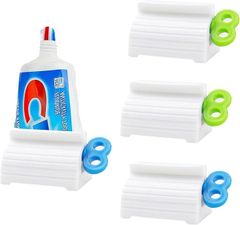 YOOTASIO 4-Piece Set Tube Squeezer for Toothpaste, Face Wash, and Hand Cream - Rolling Type ABS Plastic Toothpaste Sheet Holder Stand - Toothpaste Base Tube Ringer - Convenient Bathroom Tool - Green (Green + Blue, 7x4x3.6cm)