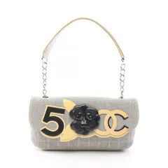 シャネル CHANEL ショルダーバッグ チョコバー カメリア No.5 グレー/ブラック キャンバス レザー ココマーク カメリア NO.5 ショルダーバッグ レディース Used B