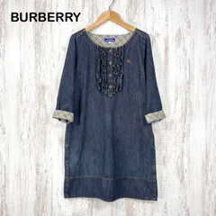 BURBERRY BLUE LABEL バーバリーブルーレーベル ホースロゴ刺繡 ノバチェック フロントフリル 七分袖 デニムワンピース ブルー レディース
