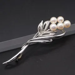 V336 本真珠 5.9-6.4mm5珠 パール SILVER刻印 ブローチ リーフ デザイン シルバー コサージュ 6月誕生石