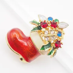 V156 ブローチ サンタクロース ブーツ カラーストーン風 マルチカラー エナメル ゴールドカラー デザイン コスチュームジュエリー