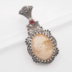 S841 シェルカメオ 925刻印 ペンダント トップ ガーネット マーカサイト マルカジット 女性横顔 デザイン シルバー チャーム ヘッド