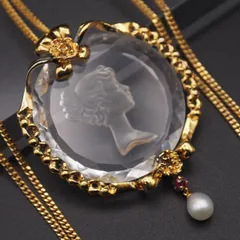 S655 IEI クリスタルガラス 淡水真珠 パール ルビー STERLING SILVER925刻印 ペンダント ネックレス 女性横顔 デザイン シルバー