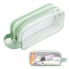 【新品】 RuiChy 透明 メッシュ ペンケース 筆箱 大容量 二重層 ジッパー 鉛筆ポーチ ハンドル付き 多機能 小物入れ 化粧バッグ 小学生 中学生 高校生 大学生 子供用 社会人用 シースルー 文具袋 (グリーン) 0
