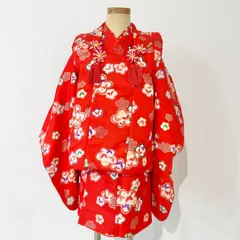 七五三3歳女の子着物　半襦袢・被布セット　赤 お花　レトロ　＃きもの猫田　T461