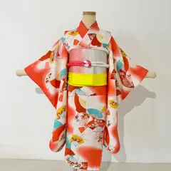 七五三　7歳女の子　着物　四つ身　鮮やか　扇　長襦袢　帯セット　帯揚げ帯締め付き　ビンテージ　#きもの猫田　T464